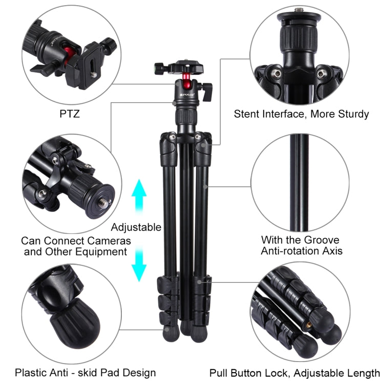 PULUZ Soporte de trípode de metal con patas plegables de 4 secciones con rótula de bola de 360 grados para cámara DSLR y digital, altura ajustable: 42-130 cm, Adjustable Height: 42-130cm