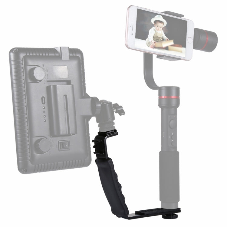 PULUZ Soporte en forma de L Soporte de agarre manual con soportes de zapata fría de doble cara para flash de luz de video, cámara DSLR, Bracket