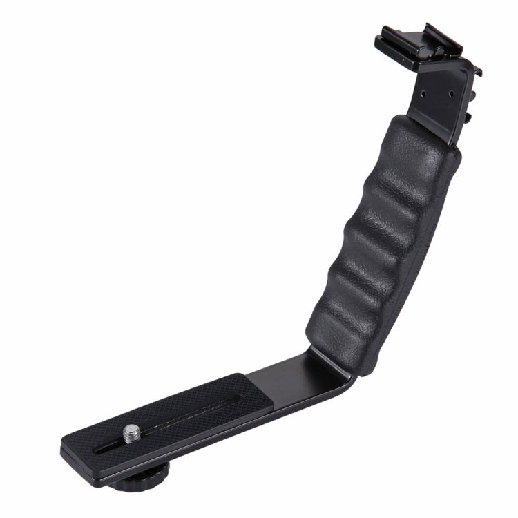 PULUZ Soporte en forma de L Soporte de agarre manual con soportes de zapata fría de doble cara para flash de luz de video, cámara DSLR, Bracket