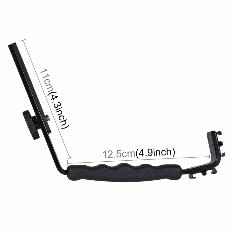 PULUZ Soporte en forma de L Soporte de agarre manual con soportes de zapata fría de doble cara para flash de luz de video, cámara DSLR, Bracket