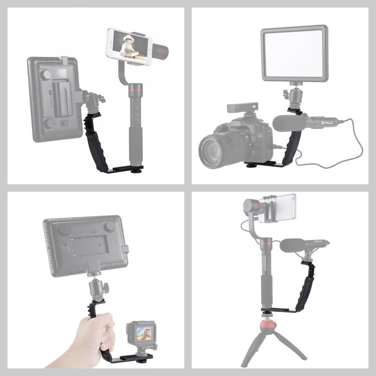 PULUZ Soporte en forma de L Soporte de agarre manual con soportes de zapata fría de doble cara para flash de luz de video, cámara DSLR, Bracket