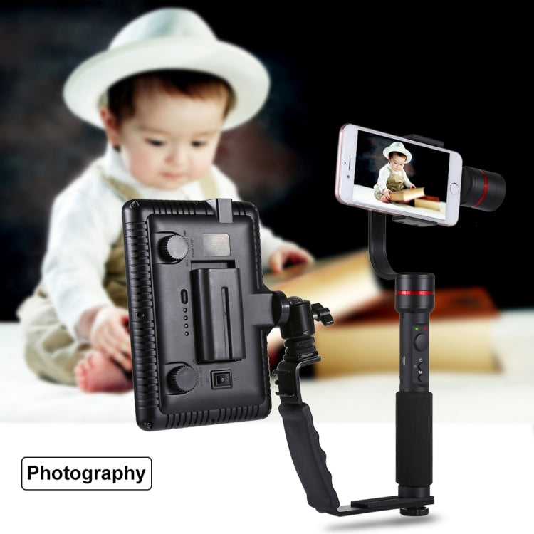 PULUZ Soporte en forma de L Soporte de agarre manual con soportes de zapata fría de doble cara para flash de luz de video, cámara DSLR, Bracket