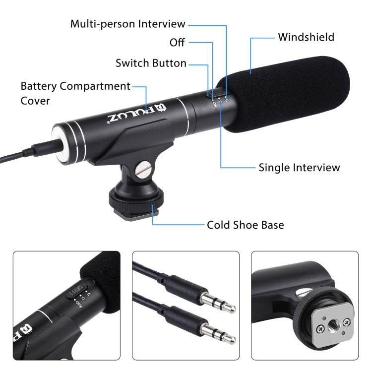 Micrófono de escopeta de vídeo condensador para entrevista profesional PULUZ con cable de audio de 3,5 mm para videocámara DSLR y DV, Microphone