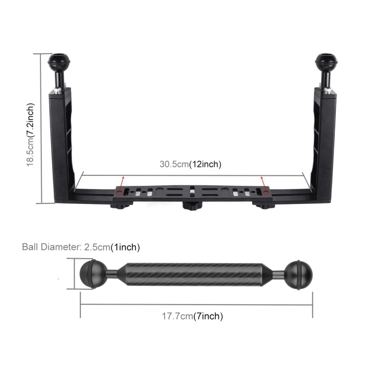 Estabilizador de bandeja de aluminio con doble mango PULUZ con 2 abrazaderas de aleación de aluminio de doble bola y brazo flotante de 2 x 7 pulgadas para carcasas de cámaras subacuáticas, 2 x Dual Ball(Black), 2 x Dual Ball(Blue), 2 x Dual Ball(Red)