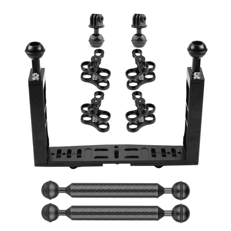 Estabilizador de bandeja de aluminio de doble mango PULUZ con 4 abrazaderas de aleación de aluminio de doble bola y 2 brazos flotantes de 7 pulgadas y 2 adaptadores de cabeza de bola para carcasas de cámaras subacuáticas, 4 x Dual Ball