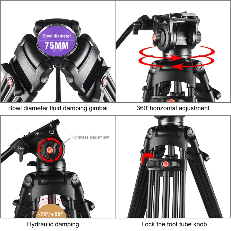 Trípode de aleación de aluminio para videocámara profesional PULUZ de alta resistencia con cabezal de arrastre fluido para cámara DSLR / SLR, altura ajustable: 80-160 cm, 80-160cm Tripod