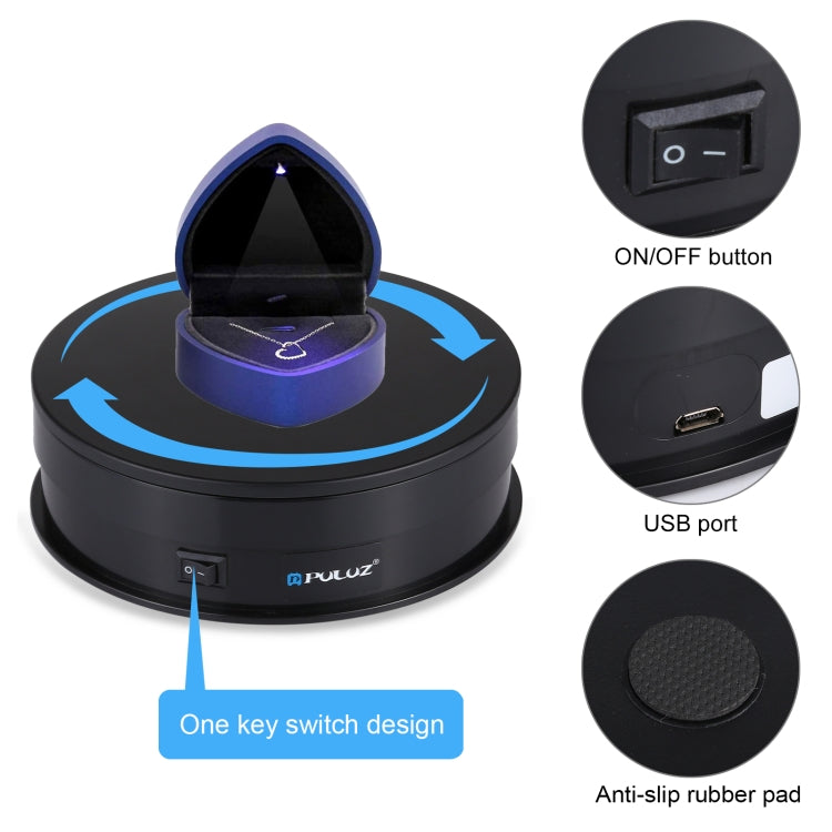 PULUZ-plato giratorio eléctrico USB de 15cm, soporte de exhibición, accesorios de grabación de vídeo, plato giratorio para fotografía, carga de 1-5kg, 15cm Load 1-5kg Black, 15cm Load 1-5kg White