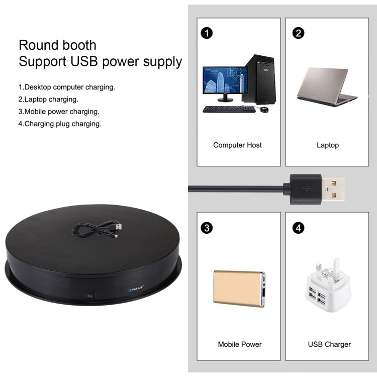 PULUZ Placa giratoria eléctrica USB de 30cm, soporte de exhibición, accesorios de grabación de vídeo, placa giratoria para fotografía, carga de 10-20kg, 30cm Load Load 10-20kg  Black, 30cm Load Load 10-20kg White