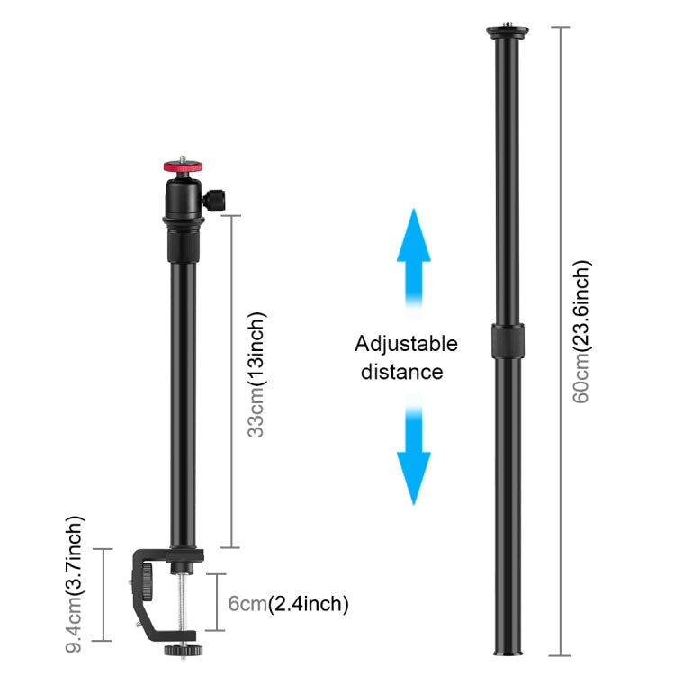 Kits de soporte monopié de varilla de eje central de extensión de soporte de luz con montaje de abrazadera PULUZ C con cabezal esférico, longitud de la varilla: 33-60 cm, C Clamp Extension Rod with Ball-Head