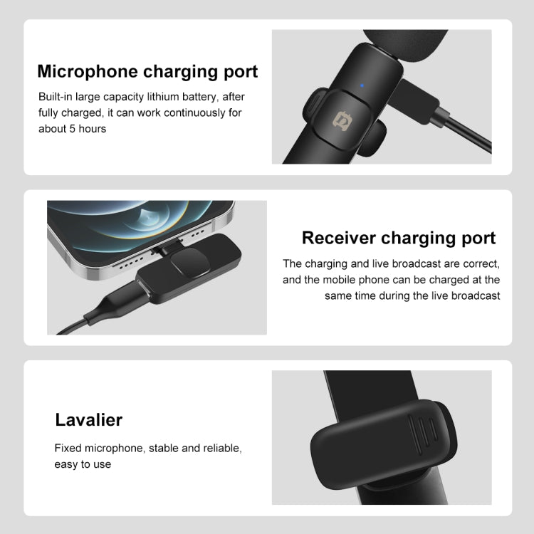 Micrófono inalámbrico de reverberación con reducción de ruido Lavalier PULUZ para dispositivo de 8 pines, compatible con carga de teléfono, 8 Pin Wireless Microphone