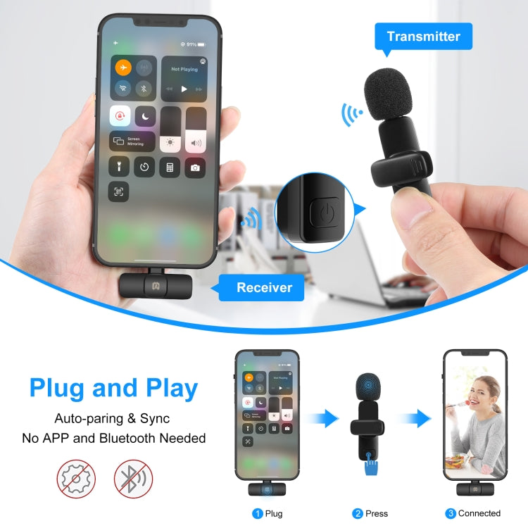 Micrófono inalámbrico de reverberación con reducción de ruido Lavalier PULUZ para dispositivo de 8 pines, compatible con carga de teléfono, 8 Pin Wireless Microphone