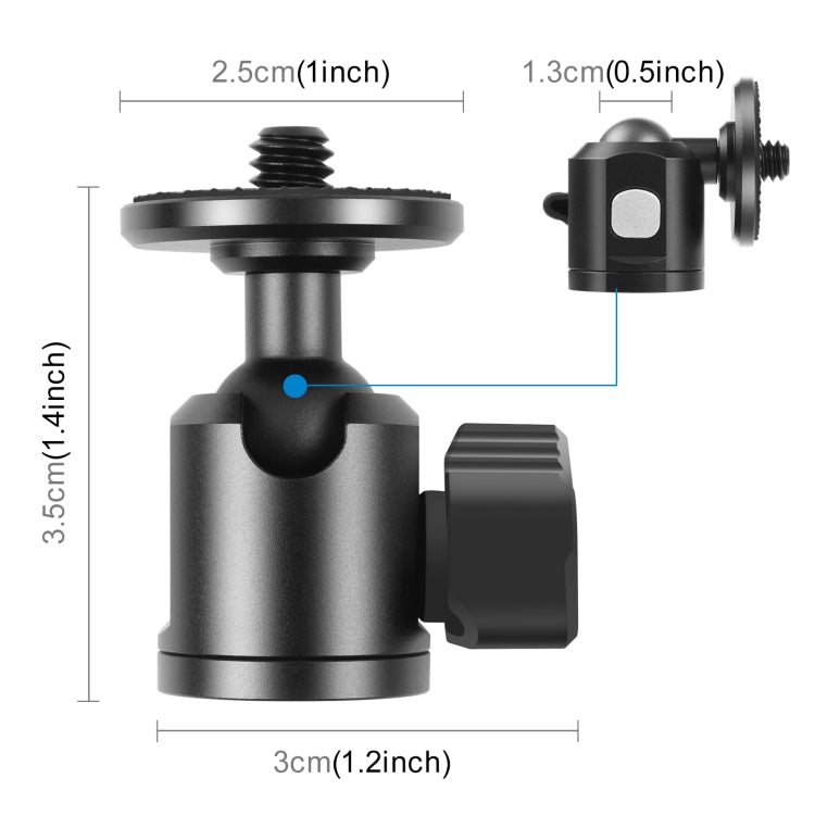 Adaptador de rótula de bola de trípode de metal con tornillo interno PULUZ de 1/4 de pulgada con bloqueo de perilla, 1/4 inch Inner Screw