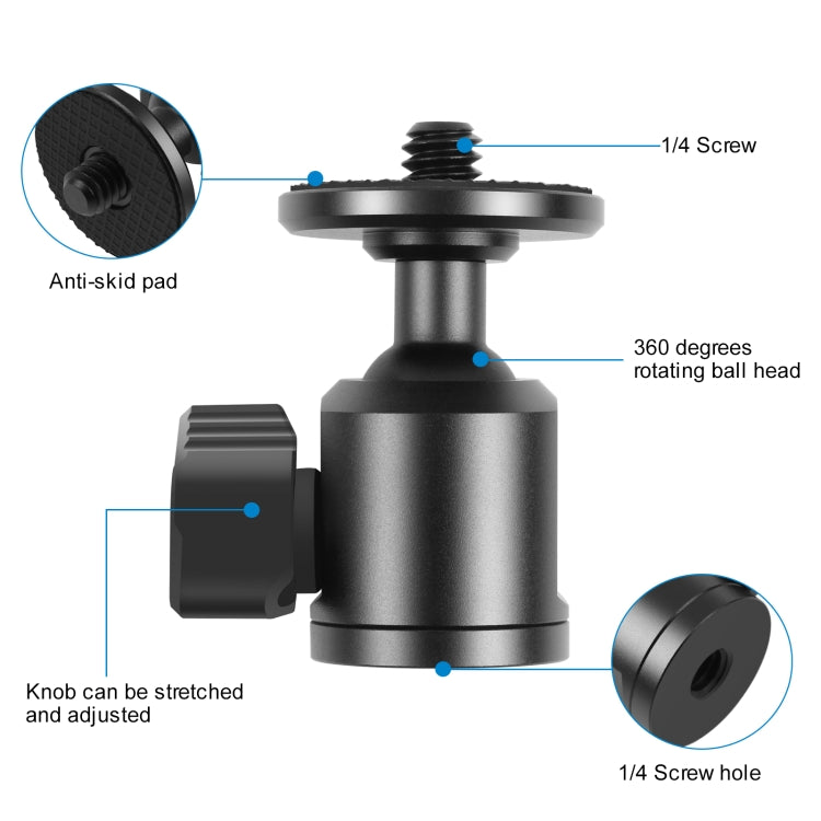 Adaptador de rótula de bola de trípode de metal con tornillo interno PULUZ de 1/4 de pulgada con bloqueo de perilla, 1/4 inch Inner Screw