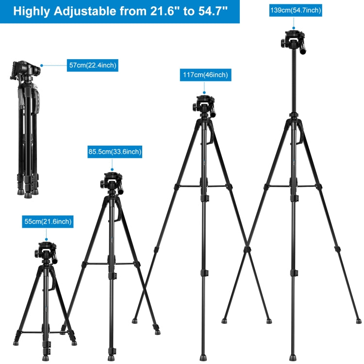 Soporte de trípode en vivo para selfies de aluminio PULUZ con cabezal tridimensional y abrazadera para teléfono, Adjustable Height: 55-139cm