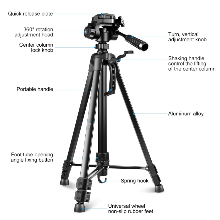 Soporte de trípode en vivo para selfies de aluminio PULUZ con cabezal tridimensional y abrazadera para teléfono, Adjustable Height: 55-139cm