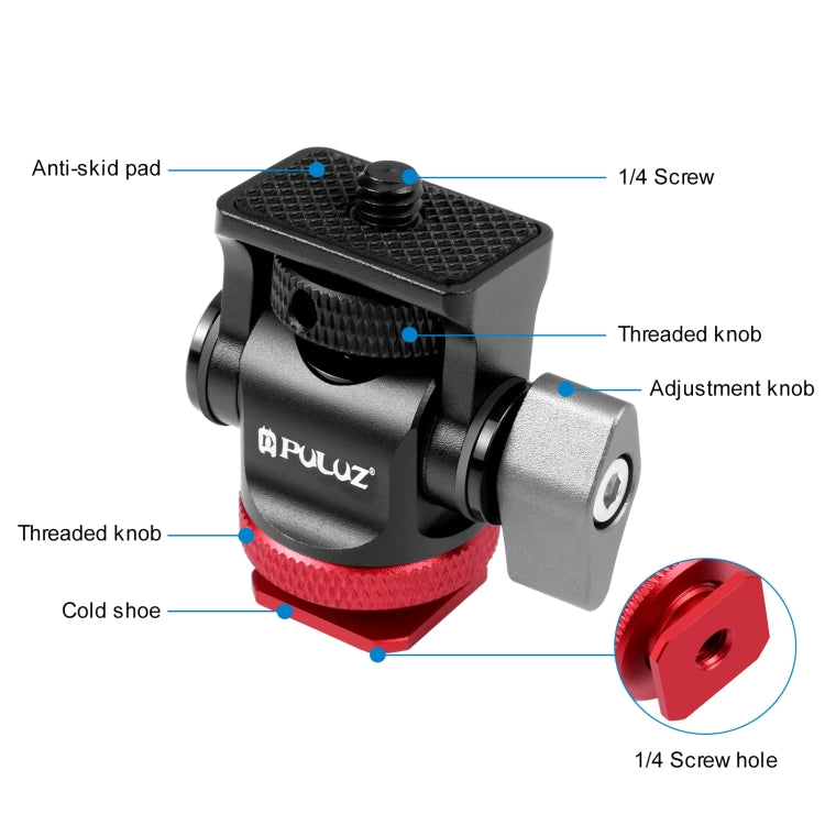 PULUZ Mini adaptador de montaje de zapata fría con rótula de bola de trípode oscilante de 180 grados, Mini 180 Degree Ball Head(Red), Mini 180 Degree Ball Head(Silver)