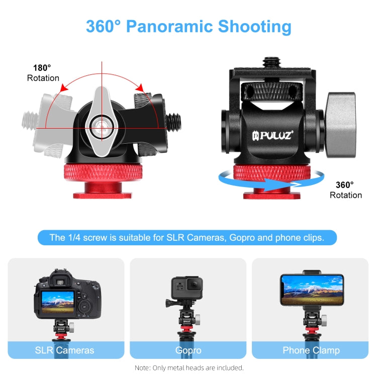 PULUZ Mini adaptador de montaje de zapata fría con rótula de bola de trípode oscilante de 180 grados, Mini 180 Degree Ball Head(Red), Mini 180 Degree Ball Head(Silver)