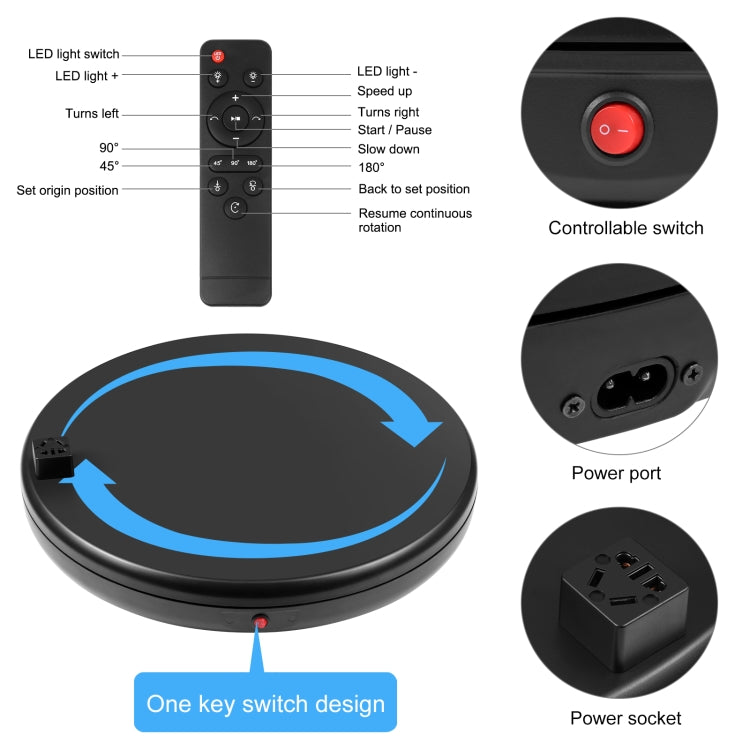 PULUZ Soporte de exhibición giratorio con control remoto de velocidad de ajuste de 45 cm con toma de corriente, negro, carga 100 kg, 45cm Load 100kg Black US Plug with Power Socket, 45cm Load 100kg Black UK Plug with Power Socket                       ...