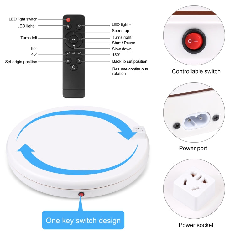 PULUZ Soporte de exhibición giratorio con control remoto de velocidad de ajuste de 45 cm con toma de corriente, blanco, carga 100 kg, 45cm Load 100kg White US Plug with Power Socket, 45cm Load 100kg White UK Plug with Power Socket                      ...