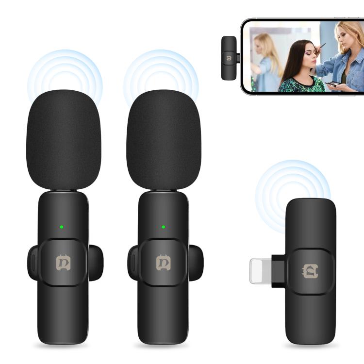 Micrófonos inalámbricos de reverberación con reducción de ruido Lavalier PULUZ para iPhone/iPad, micrófonos duales receptores de 8 pines, 8-Pin Receiver and Dual Microphones