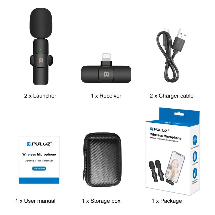 Micrófonos inalámbricos de reverberación con reducción de ruido Lavalier PULUZ para iPhone/iPad, micrófonos duales receptores de 8 pines, 8-Pin Receiver and Dual Microphones