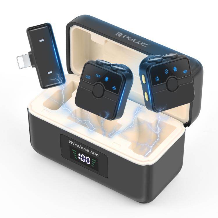 Micrófono inalámbrico de solapa magnético PULUZ con estuche de carga, receptor RX de 8 pines y 2 micrófonos TX, 8 Pin 2 TX + 1 RX, with Charging Case Box