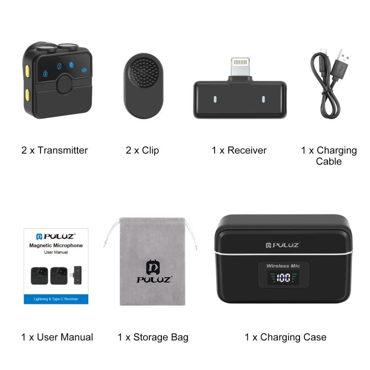 Micrófono inalámbrico de solapa magnético PULUZ con estuche de carga, receptor RX de 8 pines y 2 micrófonos TX, 8 Pin 2 TX + 1 RX, with Charging Case Box