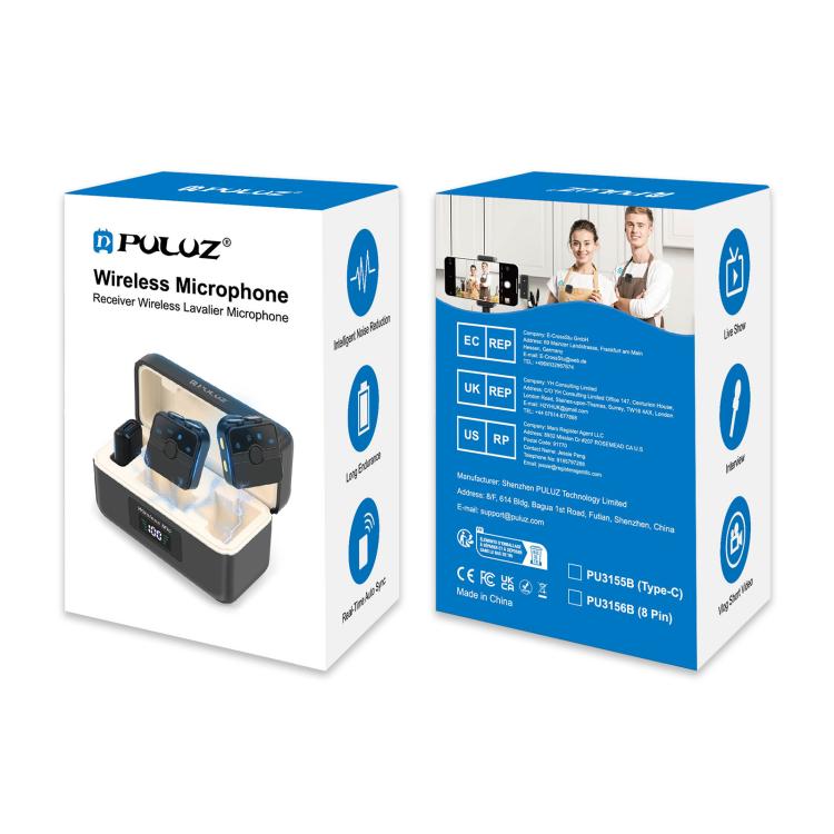 Micrófono inalámbrico de solapa magnético PULUZ con estuche de carga, receptor RX de 8 pines y 2 micrófonos TX, 8 Pin 2 TX + 1 RX, with Charging Case Box