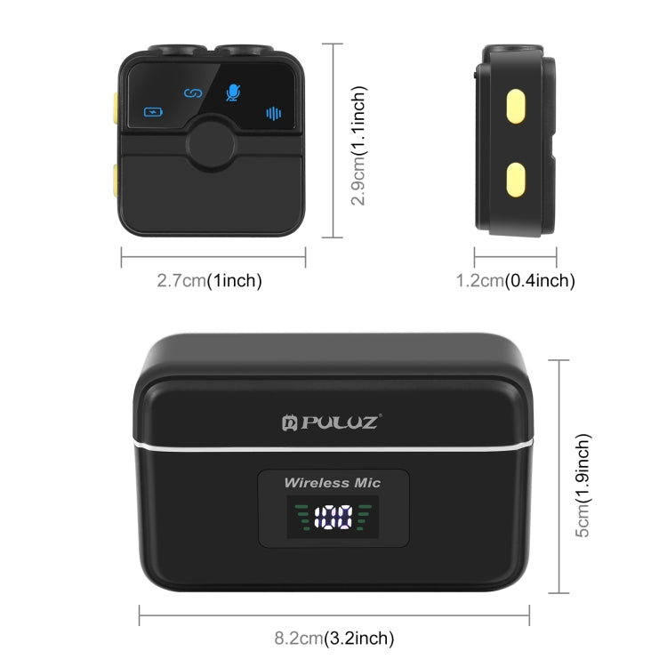 Micrófono inalámbrico de solapa magnético PULUZ con estuche de carga, receptor RX de 8 pines y 2 micrófonos TX, 8 Pin 2 TX + 1 RX, with Charging Case Box