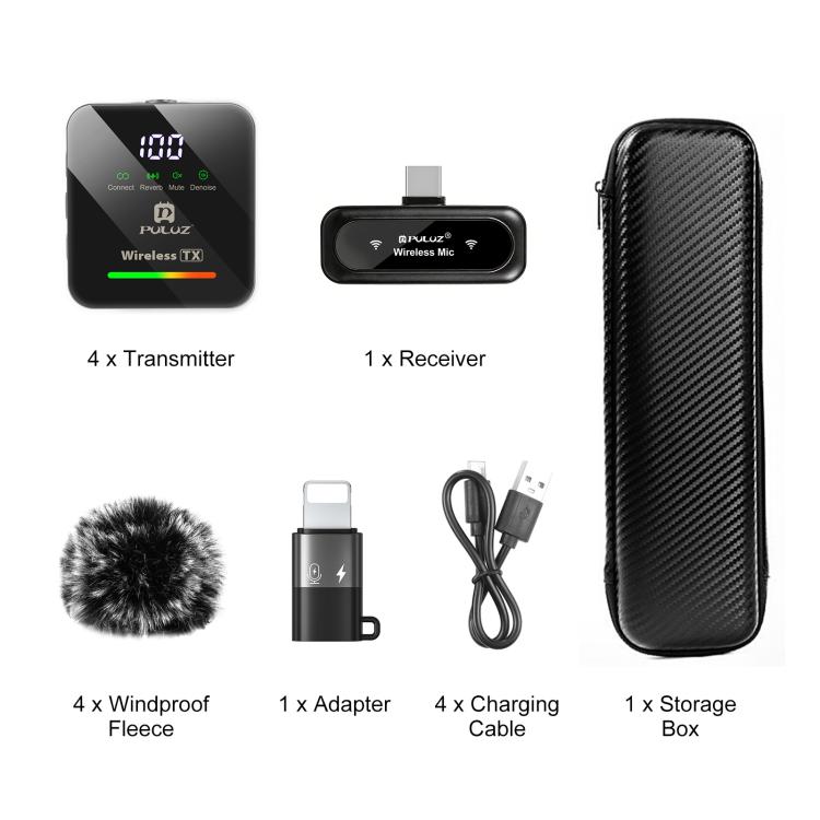 Micrófono de solapa inalámbrico PULUZ 4 TX + 1 RX, Type-C 4 TX + 1 RX