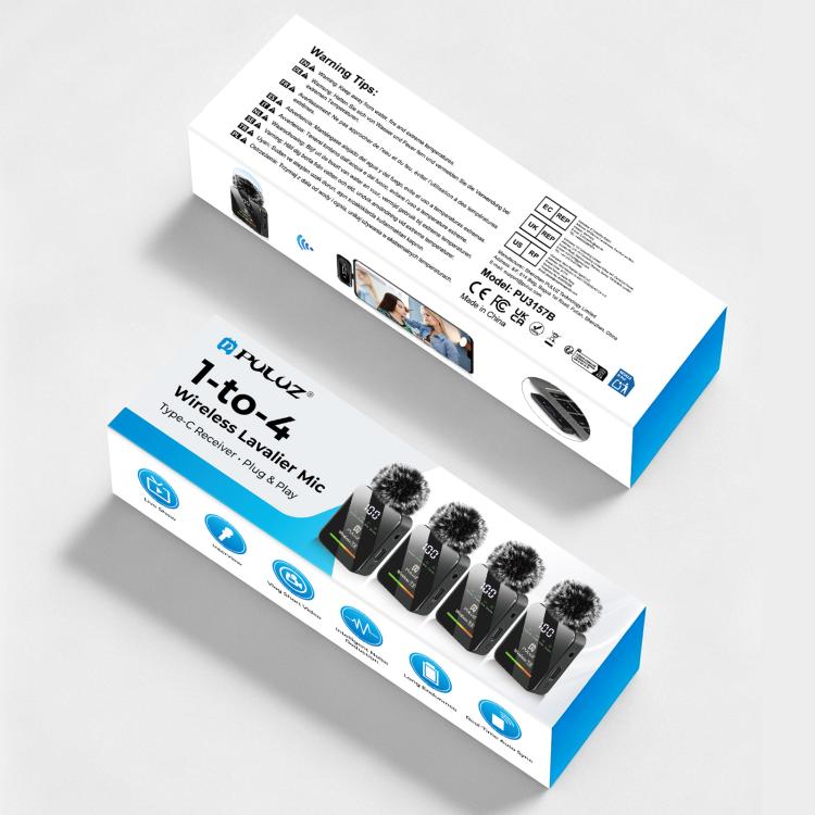 Micrófono de solapa inalámbrico PULUZ 4 TX + 1 RX, Type-C 4 TX + 1 RX