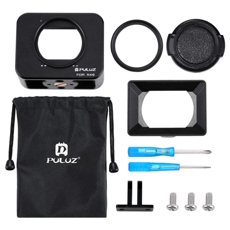 PULUZ para Sony RX0 Jaula protectora de aleación de aluminio + Lente de filtro UV de 37 mm + Parasol de lente con tornillos y destornilladores, Cage Black, Cage Gold, Cage Blue, Cage Red, Cage Silver, Cage Black(US)