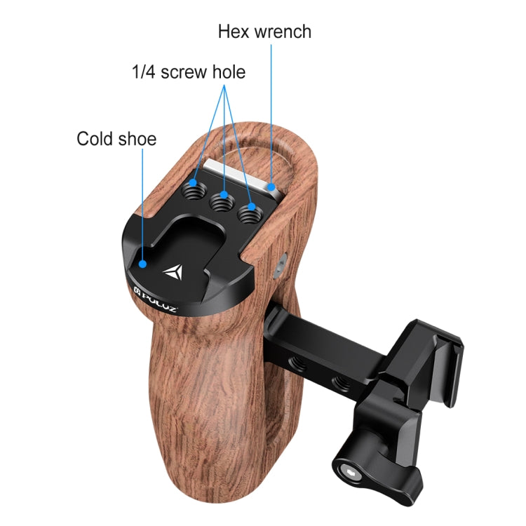 Mango de madera lateral de liberación rápida deslizante Universal PULUZ con soporte de zapata fría para estabilizador de jaula de cámara, Quick Release Side Wooden Handle