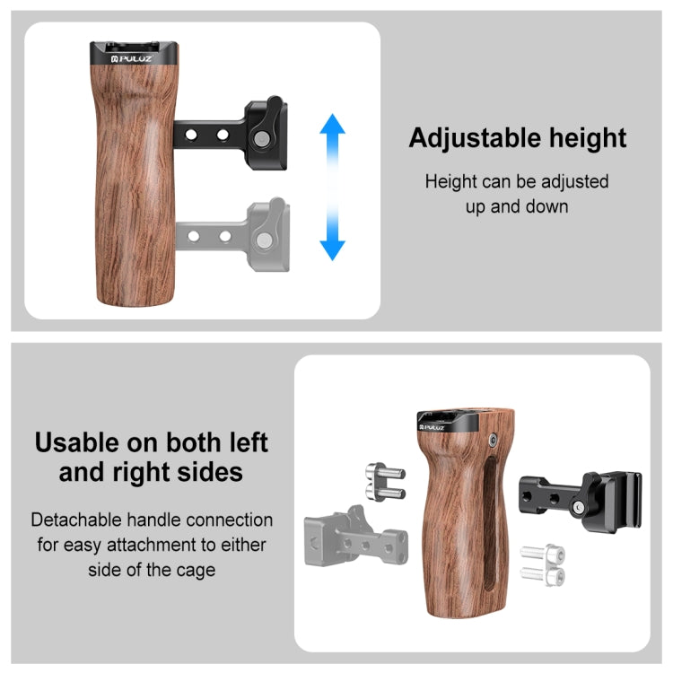 Mango de madera lateral de liberación rápida deslizante Universal PULUZ con soporte de zapata fría para estabilizador de jaula de cámara, Quick Release Side Wooden Handle