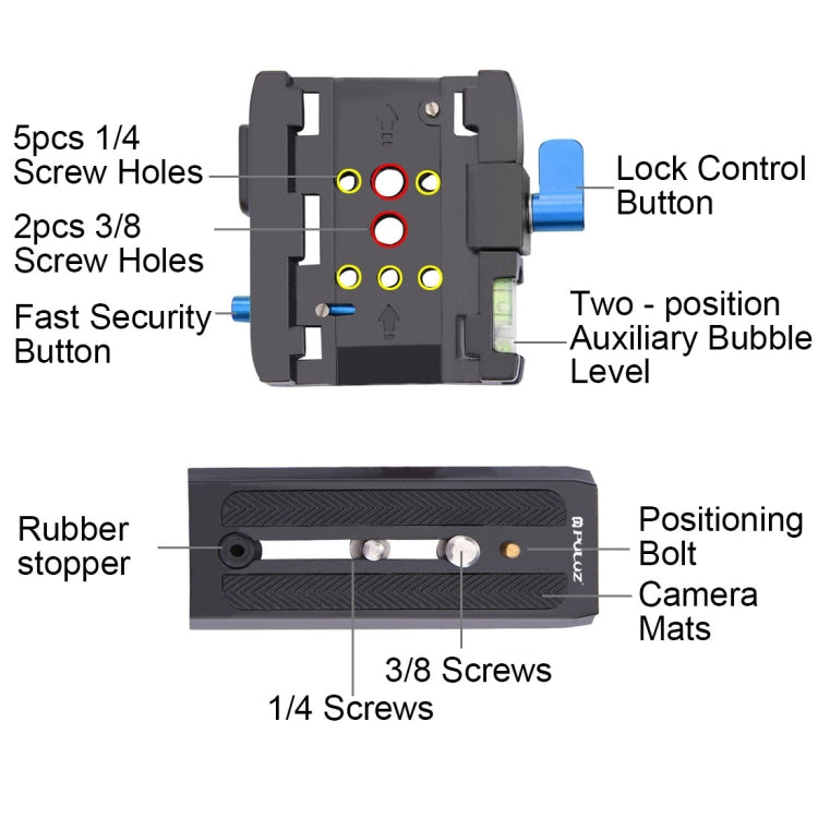 Adaptador de abrazadera de liberación rápida PULUZ + placa de liberación rápida para cámaras DSLR y SLR, QR Plate Black, QR Plate Gold