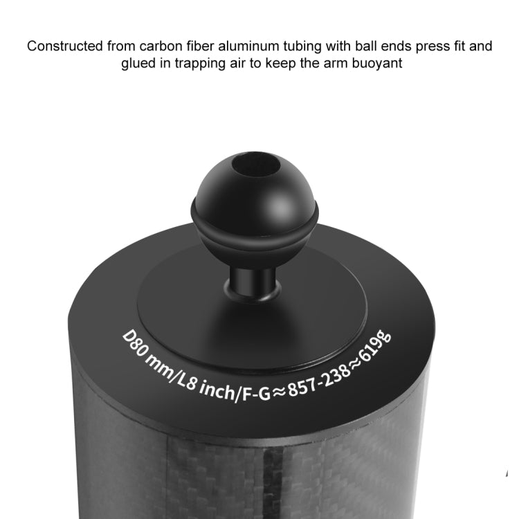 PULUZ 9,84 pulgadas, 25 cm de longitud, 80 mm de diámetro, brazo flotante de fibra de carbono con dos bolas, diámetro de la bola: 25 mm, flotabilidad: 600 g, 8 inch 600g Buoyancy
