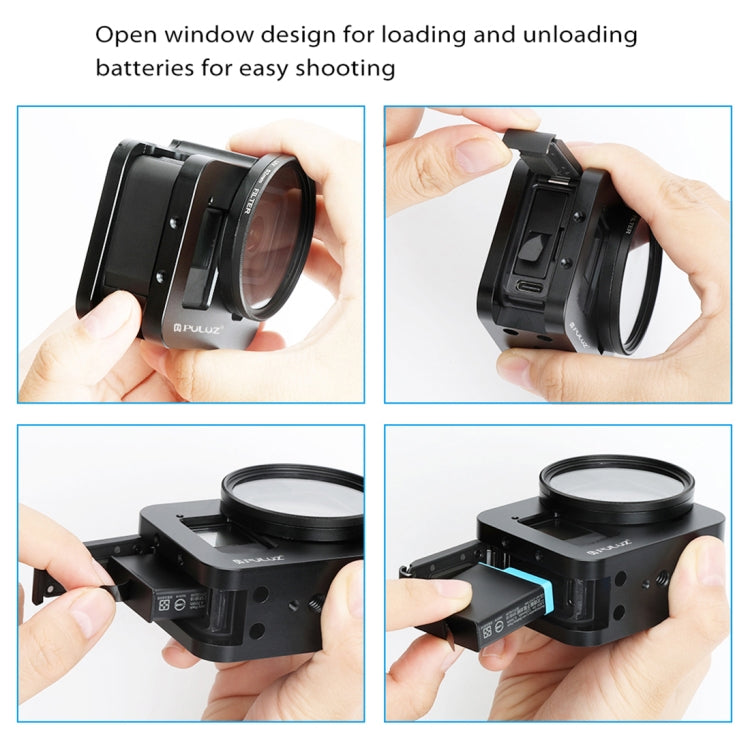 Carcasa PULUZ Jaula protectora de aleación de aluminio CNC con marco de seguro y lente UV de 52 mm para GoPro HERO8 negro, For HERO8 Black with Frame