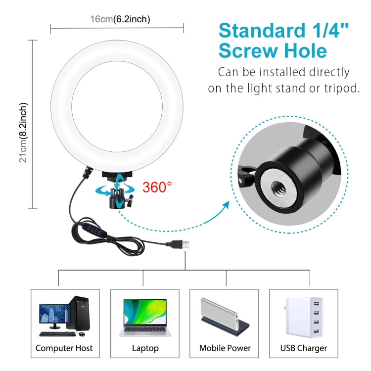 PULUZ 6,2 pulgadas 16 cm USB 3 modos anillo LED regulable Vlogging fotografía luces de vídeo con rótula de bola de trípode, 6.2 inch, 6.2 inch Light