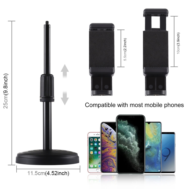 Soporte de escritorio con base redonda PULUZ con abrazadera para teléfono, altura ajustable: 15,5 cm-25,5 cm, Desktop Mount