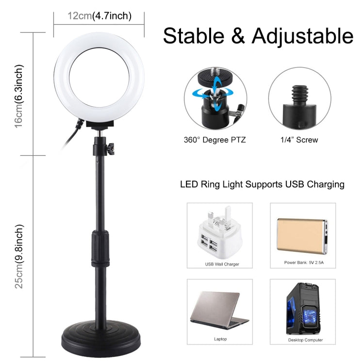 Soporte de escritorio de base redonda PULUZ + 4,7 pulgadas 12 cm 3 modos USB regulable LED anillo Vlogging Luz de vídeo, altura ajustable: 15,5 cm-25,5 cm, Desktop Mount+4.7 inch