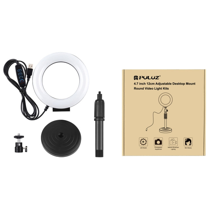 Soporte de escritorio de base redonda PULUZ + 4,7 pulgadas 12 cm 3 modos USB regulable LED anillo Vlogging Luz de vídeo, altura ajustable: 15,5 cm-25,5 cm, Desktop Mount+4.7 inch