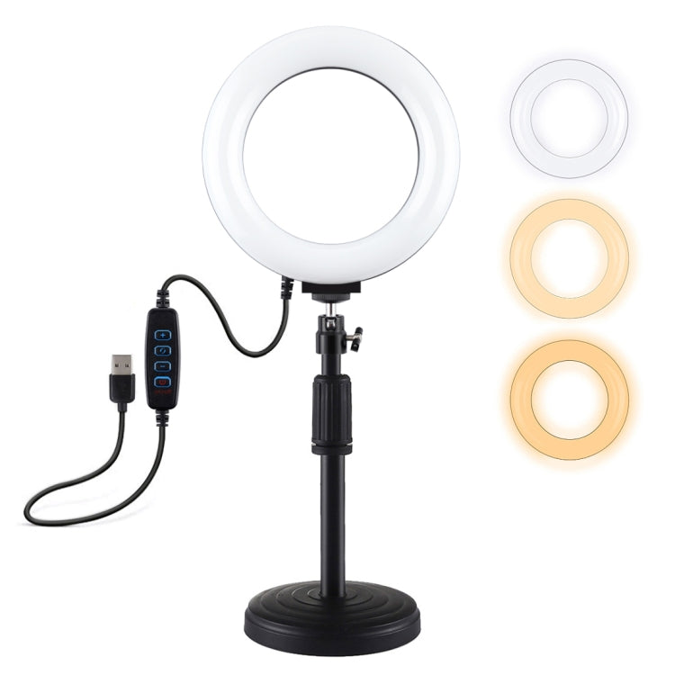 Soporte de escritorio de base redonda PULUZ + luz de vídeo Vlogging con anillo LED regulable USB de 3 modos de 6,2 pulgadas, altura ajustable: 18 cm-28 cm, Desktop Mount+6.2 inch