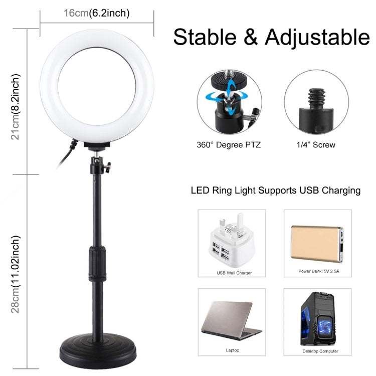 Soporte de escritorio de base redonda PULUZ + luz de vídeo Vlogging con anillo LED regulable USB de 3 modos de 6,2 pulgadas, altura ajustable: 18 cm-28 cm, Desktop Mount+6.2 inch