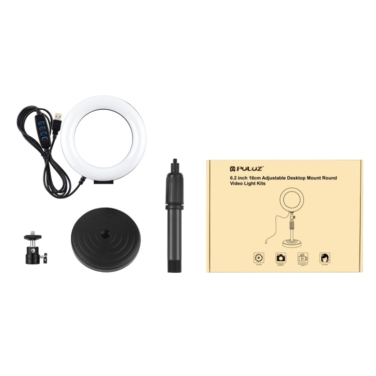 Soporte de escritorio de base redonda PULUZ + luz de vídeo Vlogging con anillo LED regulable USB de 3 modos de 6,2 pulgadas, altura ajustable: 18 cm-28 cm, Desktop Mount+6.2 inch