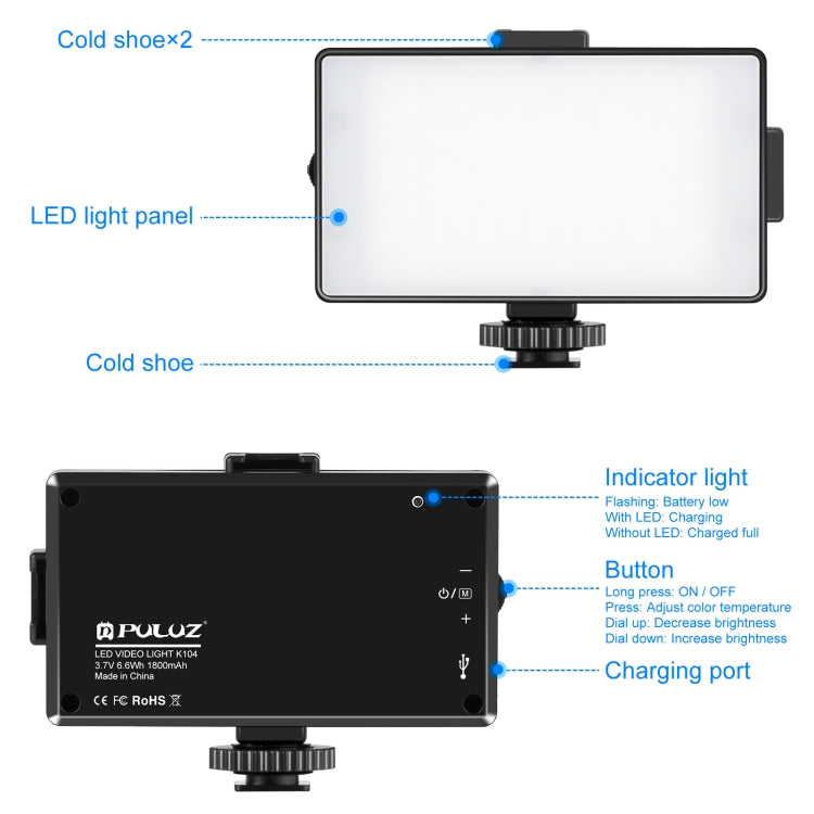 PULUZ 104 LED 3200K / 5600K Luz de vídeo regulable en cámara fotografía iluminación luz de relleno para cámaras Canon, Nikon, DSLR, 104 LED Dimmable Light