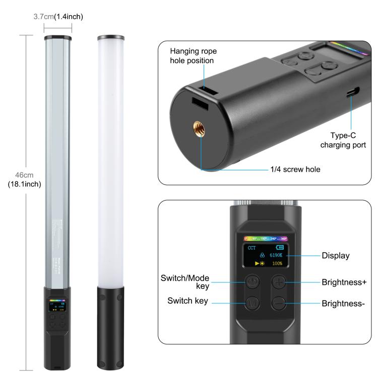 Luz de mano LED PULUZ de 132 LED para fotografía, luz de relleno RGB a todo color., 132 LEDs RGB Fill Light