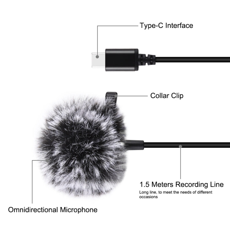 PULUZ Micrófono de grabación de condensador con cable Lavalier USB-C / Type-C Jack de 1,5 m, 1.5m Type-C