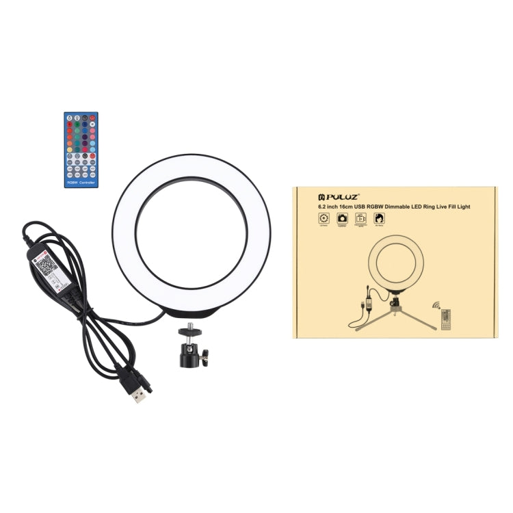 PULUZ 6,2 pulgadas 16cm USB RGBW anillo LED regulable Vlogging fotografía luces de vídeo con zapata fría rótula de bola de trípode y Control remoto, 6.2 inch RGBW / Remote