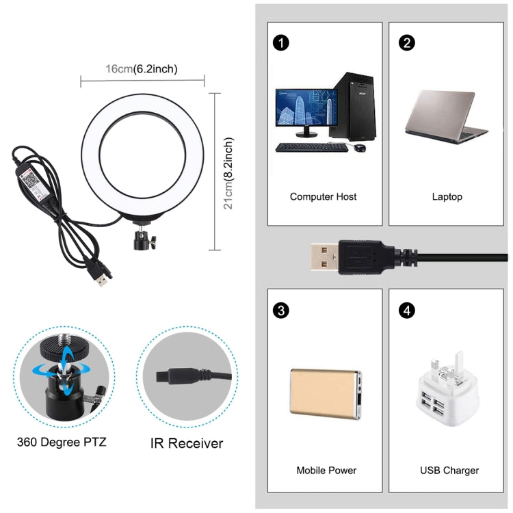 PULUZ 6,2 pulgadas 16cm USB RGBW anillo LED regulable Vlogging fotografía luces de vídeo con zapata fría rótula de bola de trípode y Control remoto, 6.2 inch RGBW / Remote
