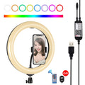 PULUZ 10,2 pulgadas 26 cm Superficie curva USB RGBW Anillo LED regulable Vlogging Fotografía Luces de video con rótula de bola de trípode, control remoto y abrazadera para teléfono, 10.2 inch RGBW